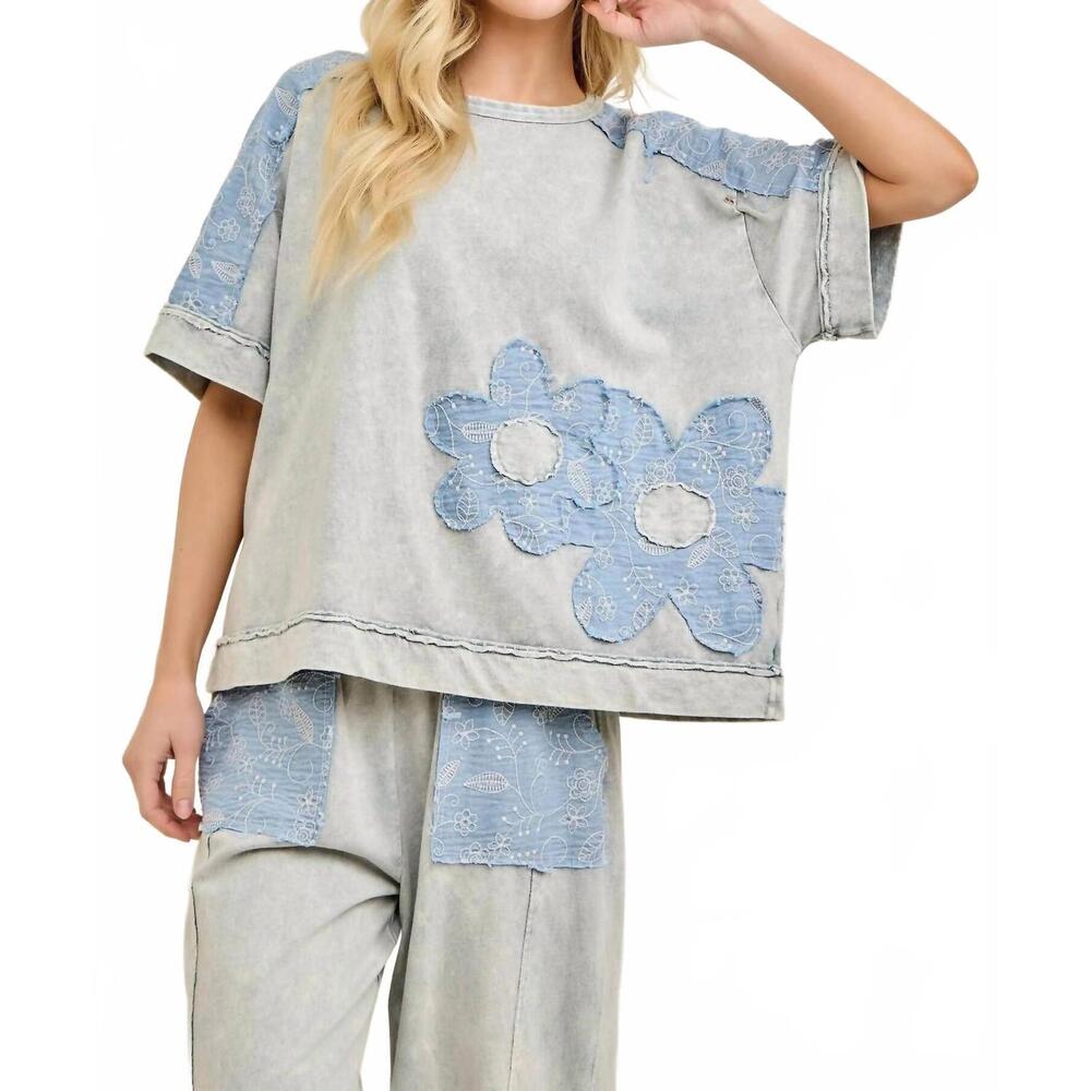NEW J.HER mineral washed flower patched blouse top in denim blue